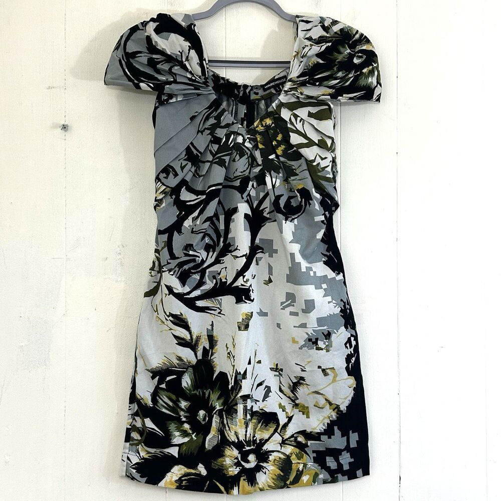 Warehouse Black Label Floral Plated Chest Mini Dress Size 8 Belt Pockets Dress